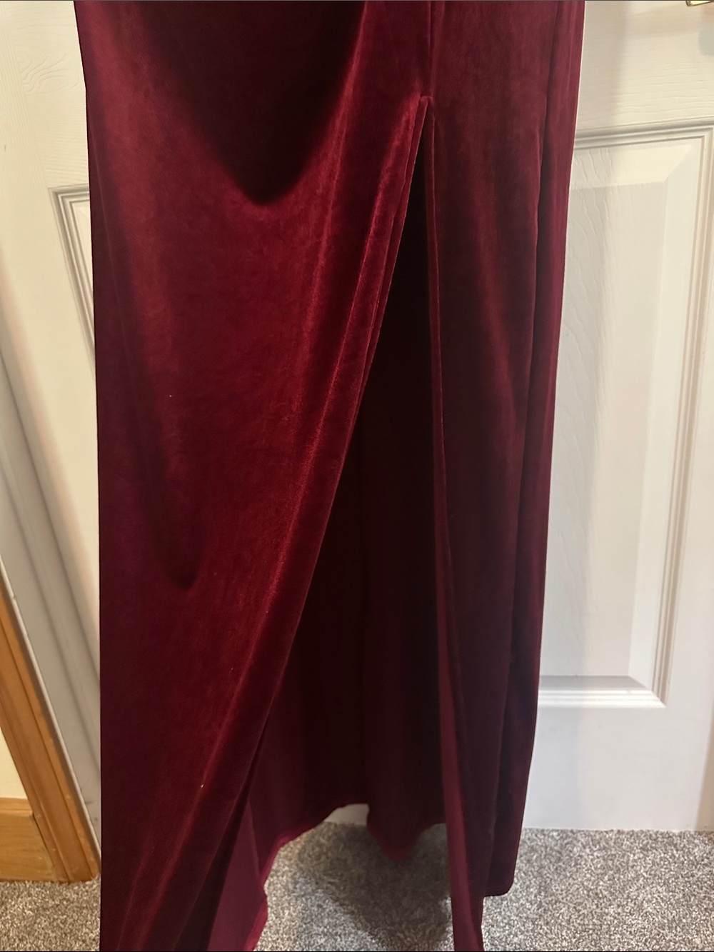 Burgundy Sequin Velvet Long-Sleeve Wrap Gown - Picture 6 of 7